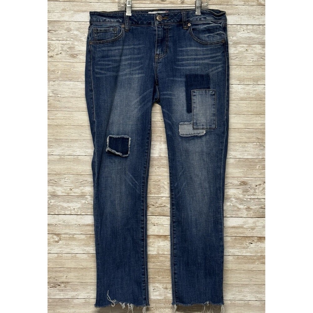 Cabi Jeans Slim Boyfriend Patchwork Womens Sz 8 Medium Wash Raw Hem 5308